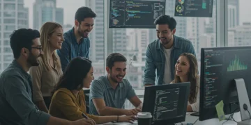 Early career professionals collaborating in a modern tech office, symbolizing success in the 2025 tech job market.