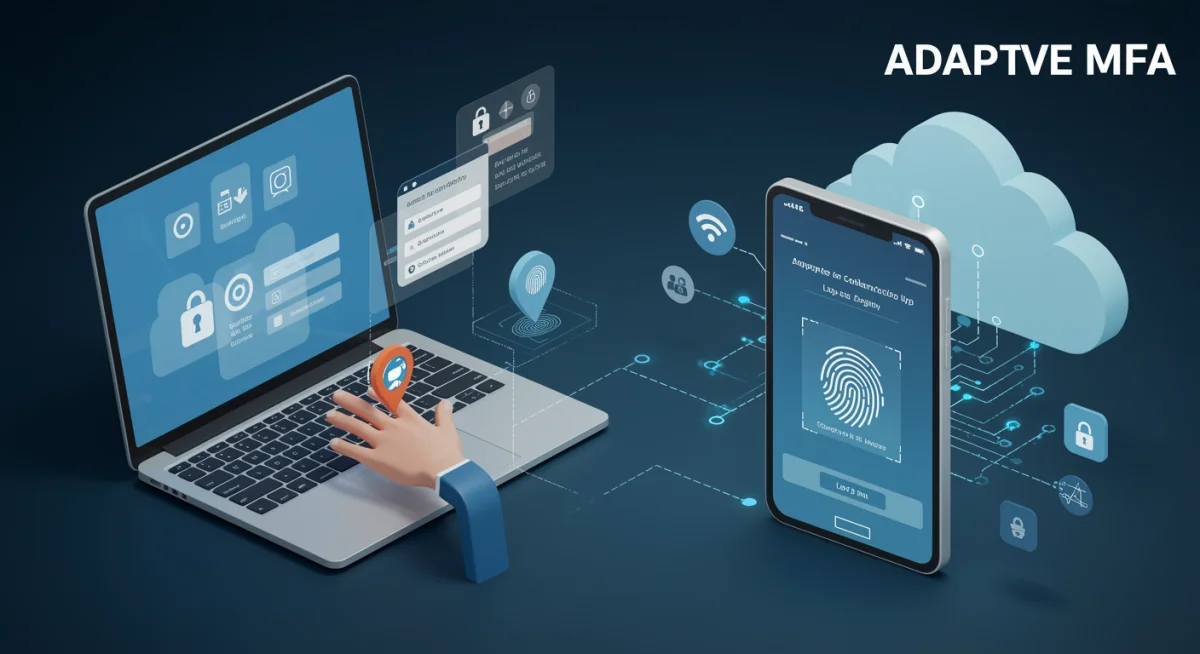 Adaptive MFA in action with a user authenticating via biometrics on a smartphone.