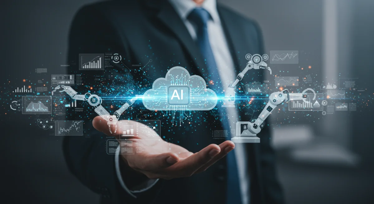 Interconnected cloud servers and robotic arms symbolizing AI and automation integration