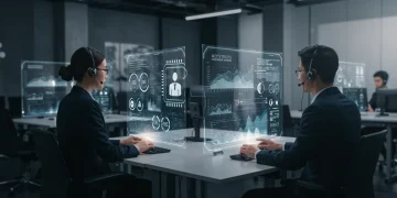 AI-powered customer service center with agents and digital interfaces