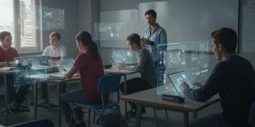 Students learning with AI-powered personalized educational tools in a modern classroom setting.