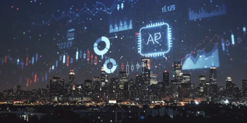 Futuristic cityscape with AI financial data projections, symbolizing advanced forecasting.
