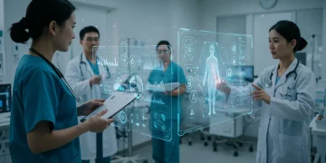 AI-powered diagnostic tools assisting medical professionals in a modern US hospital.