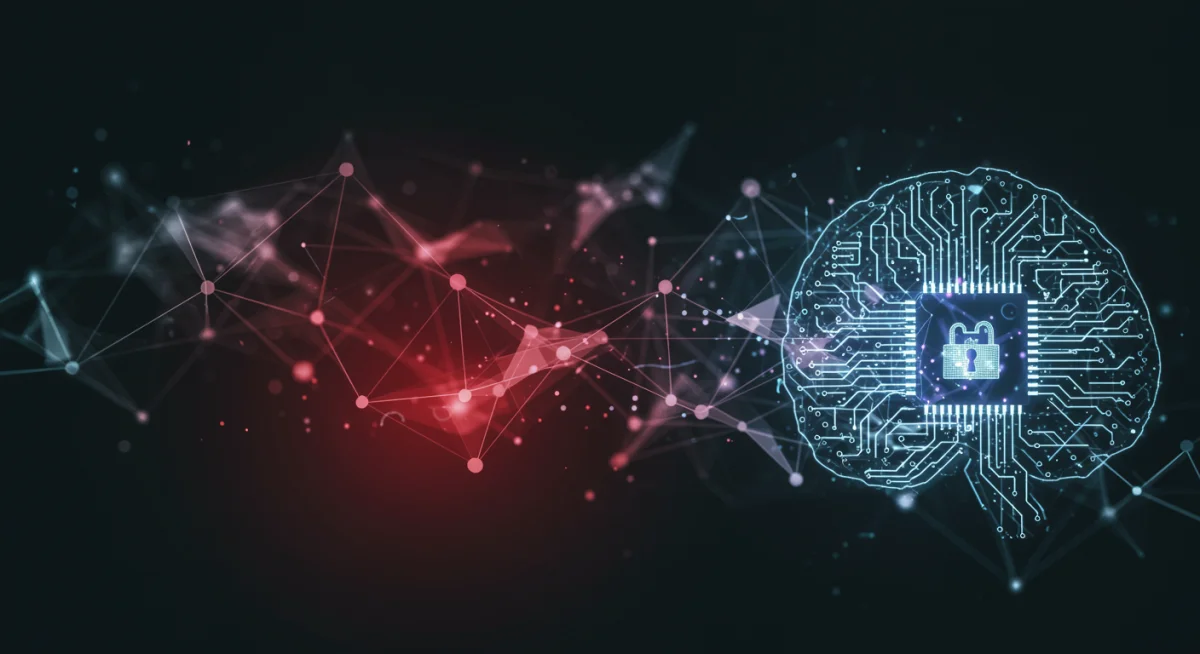 Complex network diagram with AI brain representing evolving cyber threats and defenses