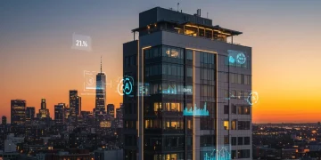 Futuristic smart building with AI energy optimization display in a US city
