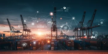 AI-powered supply chain optimization network with data visualization and futuristic elements.