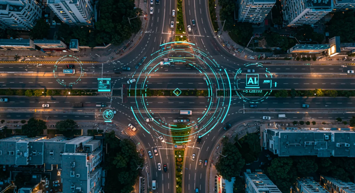 AI-powered traffic management system optimizing intersection flow in a busy city.