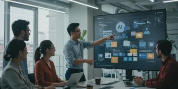 Professionals analyzing diverse tech job descriptions on a large screen in a modern office, highlighting key skills and requirements for 2025 US roles.