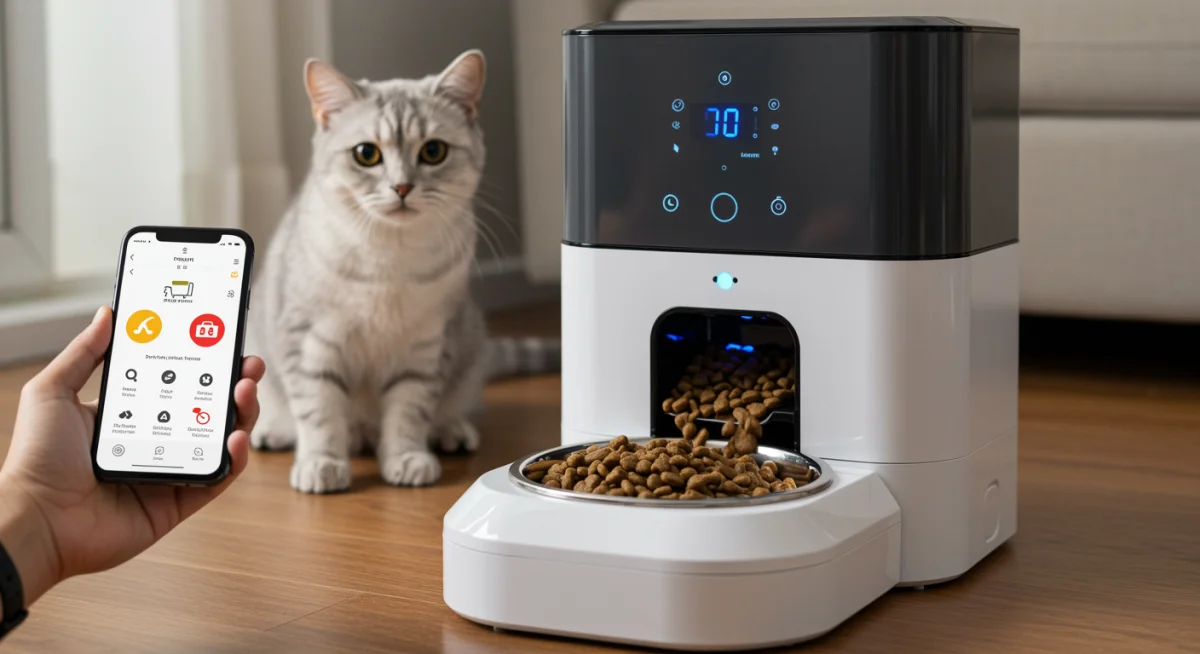 Automated pet feeder dispensing food into a bowl for a cat.