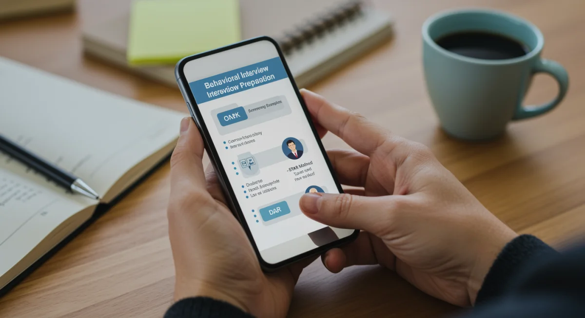 Person studying behavioral interview tips on a smartphone, using a prep app.