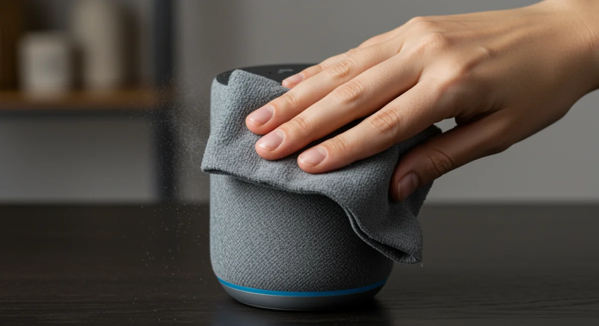 Cleaning a smart speaker with a microfiber cloth