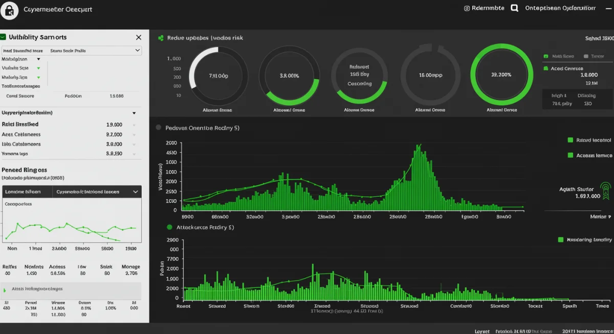 Cybersecurity dashboard showing reduced attack surface and improved security metrics for ransomware defense.