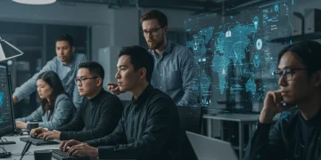 Cybersecurity team collaborating on threat analysis in a modern office