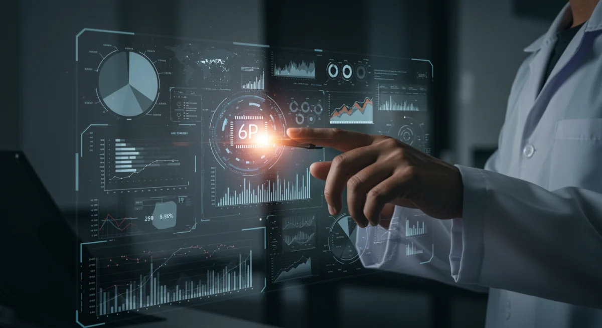 Data scientist analyzing holographic financial projections with AI.