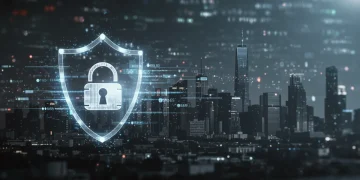 Digital shield protecting US financial buildings from cyber threats, symbolizing data breach cost reduction.