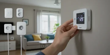 Person installing smart thermostat, symbolizing DIY smart home setup