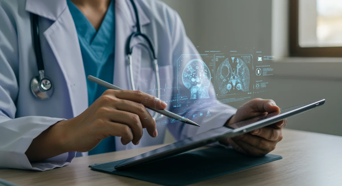 Doctor analyzing medical scans with AI-driven diagnostic assistance.