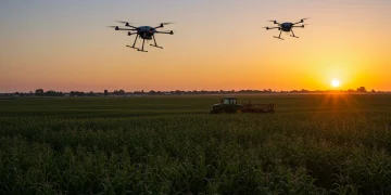 Drone flying over a cornfield at sunrise, symbolizing AI's role in boosting US crop yields.