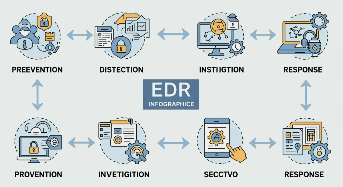 Infographic showing the EDR lifecycle: prevention, detection, investigation, response.
