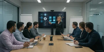 Employees actively participating in a cybersecurity awareness training session in a modern US office.