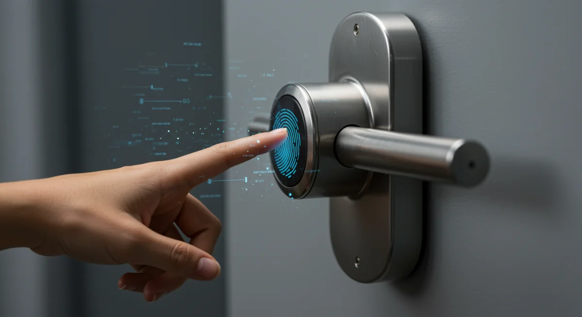 Hand scanning fingerprint on a sleek smart lock, demonstrating biometric access control technology
