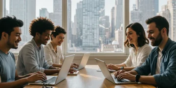 Freelance developers collaborating in a modern co-working space, illustrating the vibrant US tech gig economy.