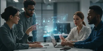 Professionals collaborating on future tech skills like AI and cybersecurity in a modern office setting.