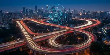 Futuristic city with AI-optimized traffic flow and smart infrastructure.