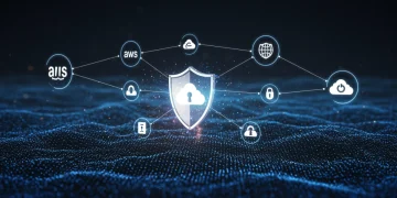 Futuristic cloud security shield protecting data across AWS, Azure, and Google Cloud platforms for U.S. enterprises in 2025.