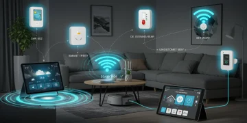 Preventing Smart Home Overload: 7+ Devices Seamlessly by 2025 Futuristic smart living room with integrated devices and a central control tablet