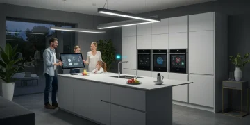 Futuristic smart kitchen with integrated appliances and family interacting