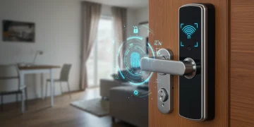 Smart Locks 2025: Key Technologies Redefining US Home Access Futuristic smart lock on a modern door with biometric interface, representing advanced home access security