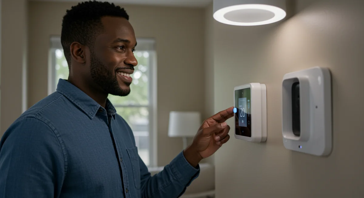 Homeowner adjusting a smart thermostat in a modern US home