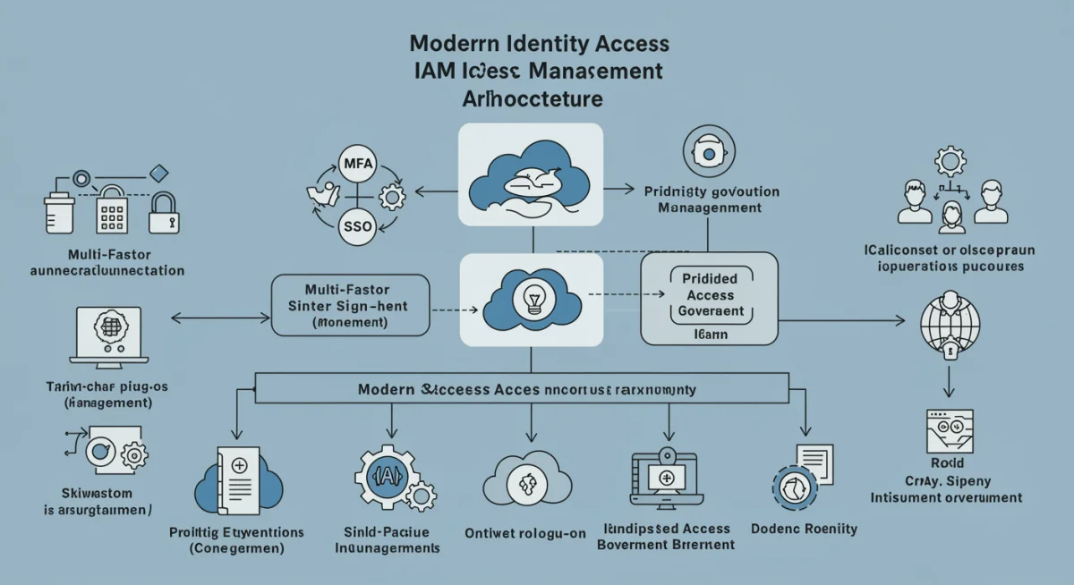 Components of modern IAM architecture including MFA, SSO, PAM, and identity governance