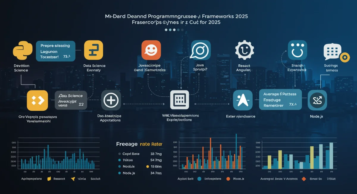 Infographic of top programming languages and frameworks for freelance developers in 2025, highlighting market demand and earning potential.