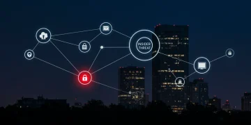 Digital network with a highlighted insider threat, protecting U.S. corporate assets