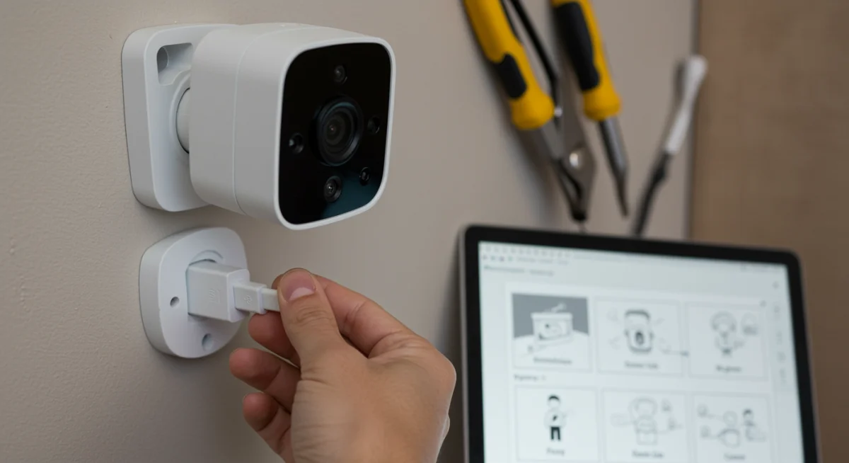 Hand installing a smart security camera with tools and tablet