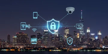 Securing IoT Devices in 2025: U.S. Smart Home & Business Checklist Digital shield protecting interconnected smart devices in a U.S. urban setting