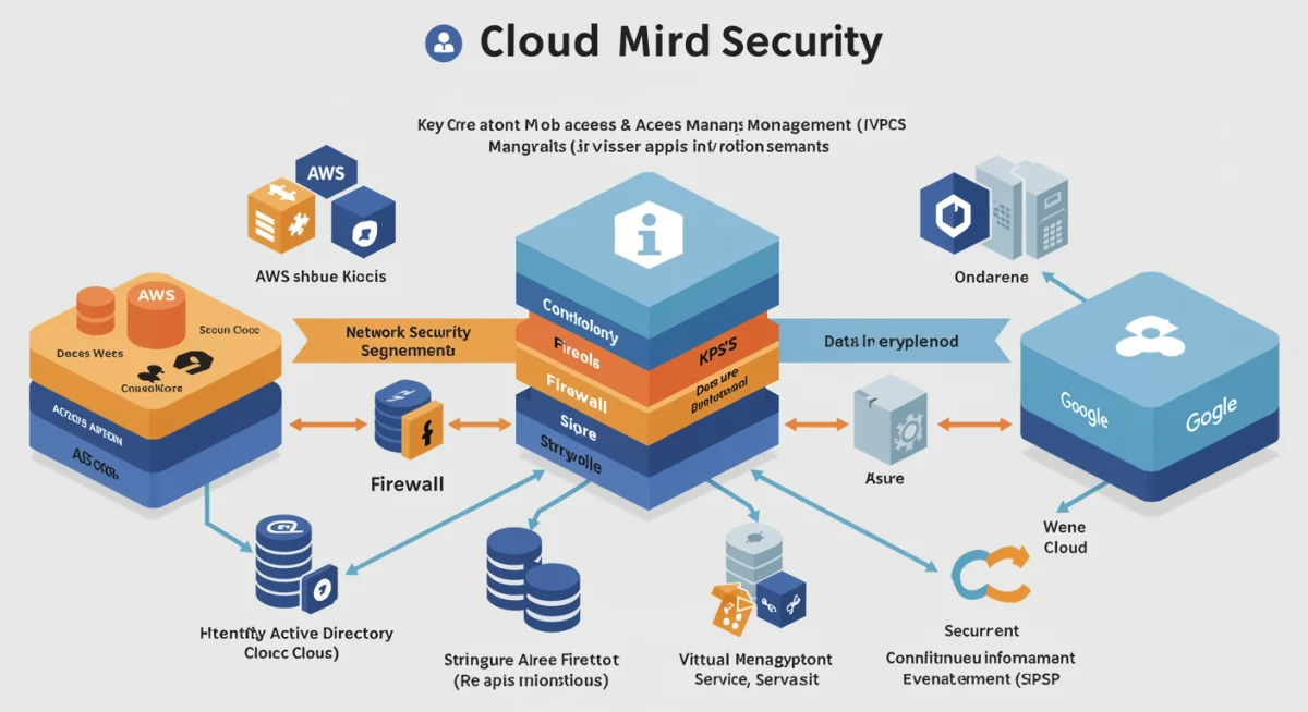 Infographic illustrating layered cloud security strategies for AWS, Azure, and Google Cloud environments.