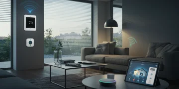 Modern living room with smart home devices for advanced automation