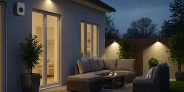 Modern US patio with smart lighting, outdoor speaker, and security camera.