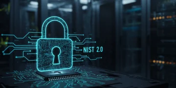 Stylized digital padlock over circuit board, symbolizing NIST Cybersecurity Framework 2.0 updates and secure data flow.