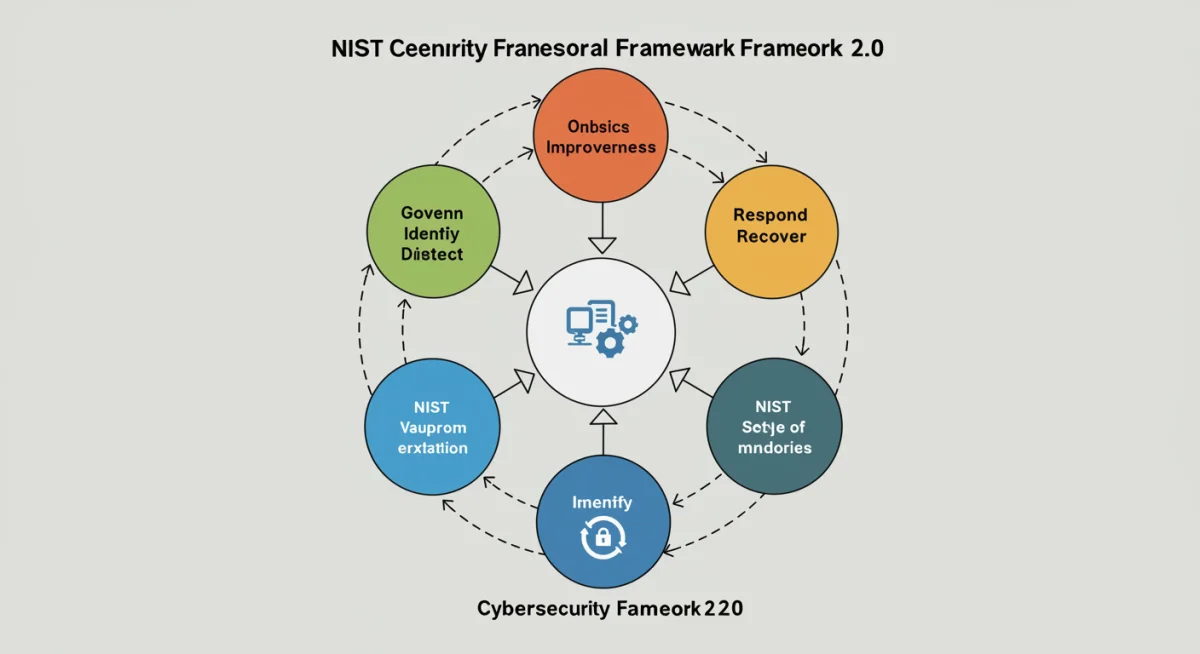 Infographic depicting the six core functions of NIST Cybersecurity Framework 2.0: Govern, Identify, Protect, Detect, Respond, Recover.