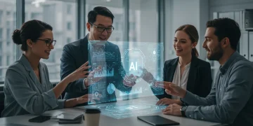 Non-technical professionals transitioning into AI roles in a modern office