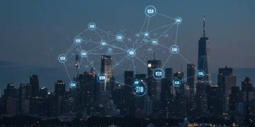 Quantum computing network overlaying a futuristic US skyline, symbolizing technological advancement.
