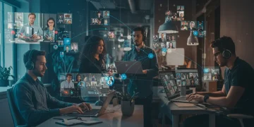 Diverse tech professionals collaborating remotely and in hybrid settings across the US, showcasing modern work trends.