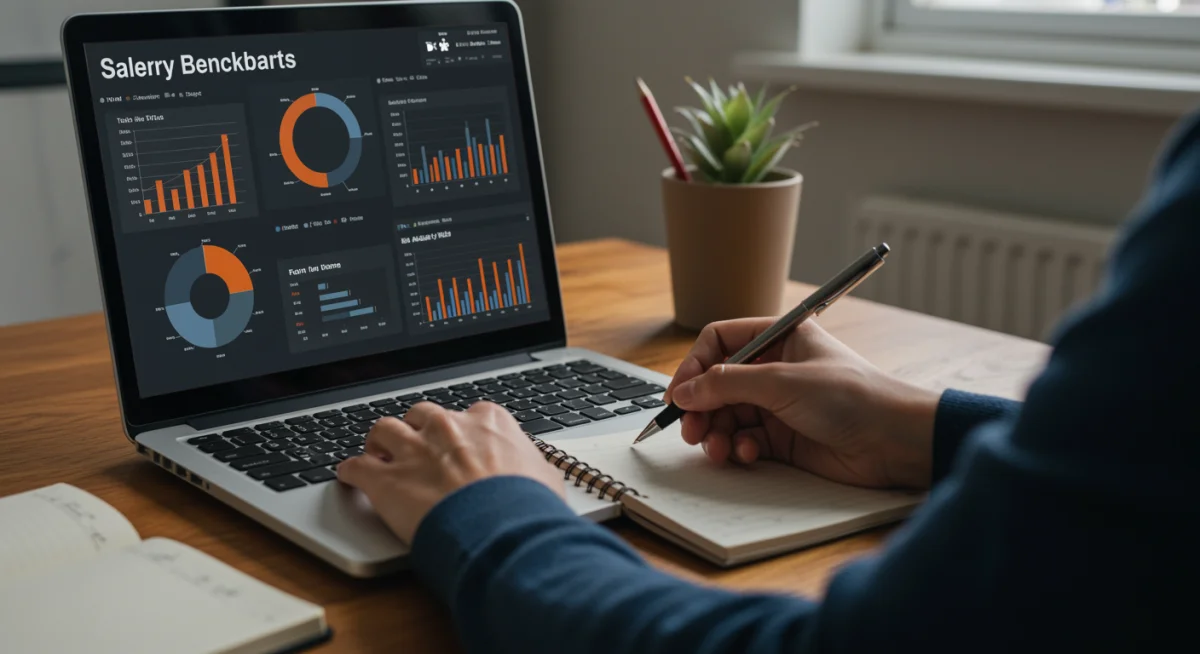 Individual researching tech salary benchmarks and market data on a laptop