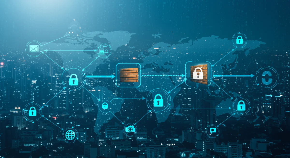 Illustrative diagram depicting secure data flow and protective cybersecurity measures in a corporate environment.