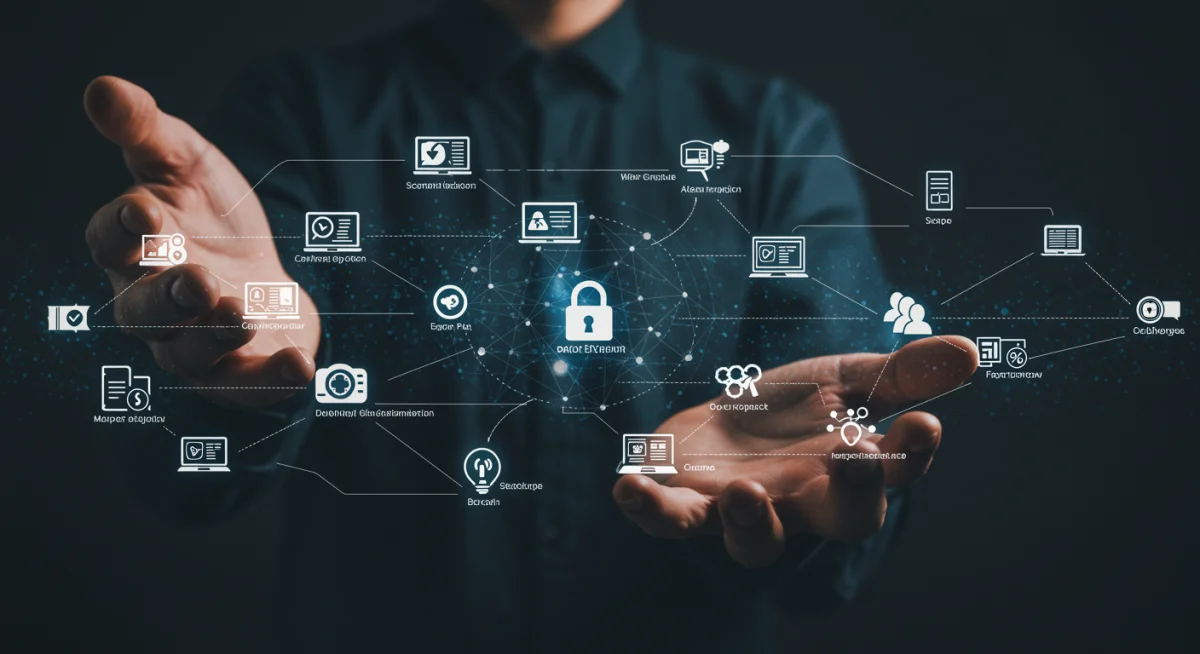Complex network diagram showing secure data flows and cybersecurity tools