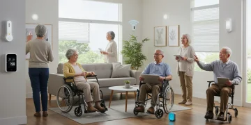 Seniors and individuals with mobility challenges using smart home devices for enhanced accessibility and independence.
